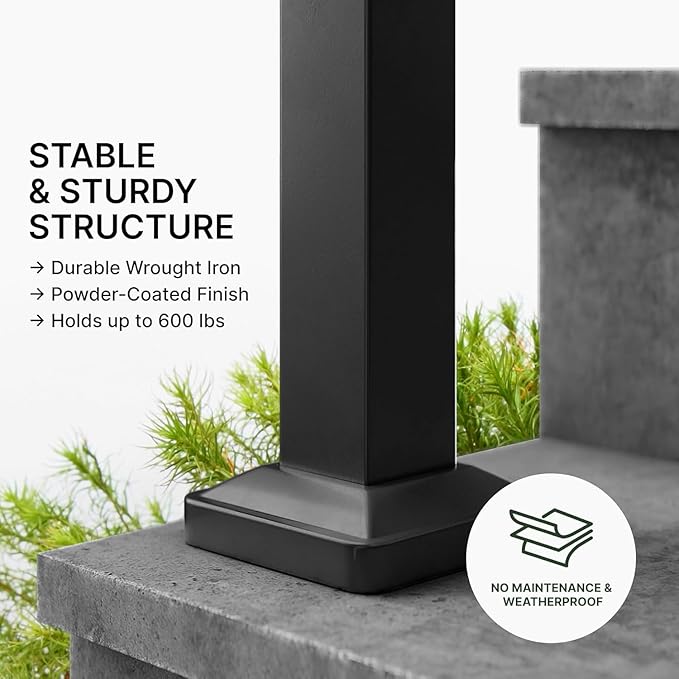 Metty Metal Handrails for Outdoor Steps Suitable for 1 to 2 Steps- Wrought Iron Stair Railing- Step Steady with 2 Feet Handrailing- Safe Indoor Home Banisters (Black with Balusters)
