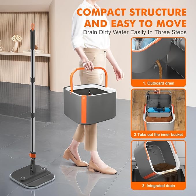 KZKR Upgraded Spin Mop and Bucket Set, Separate Clean and Dirty Water System, 360° Foldable Square Mop Head with Washable Microfibe Mops Pad, Detachable Bucket for Home Floor Cleaning