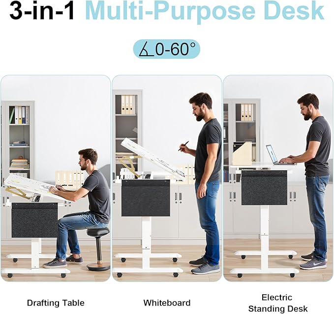Standing Desk with Whiteboard – Electric Height Adjustable Drafting Table, Flip Dry Erase Top, Mobile Drawing Desk with Wheels & Storage Bag for Home, Office, Studio, Art