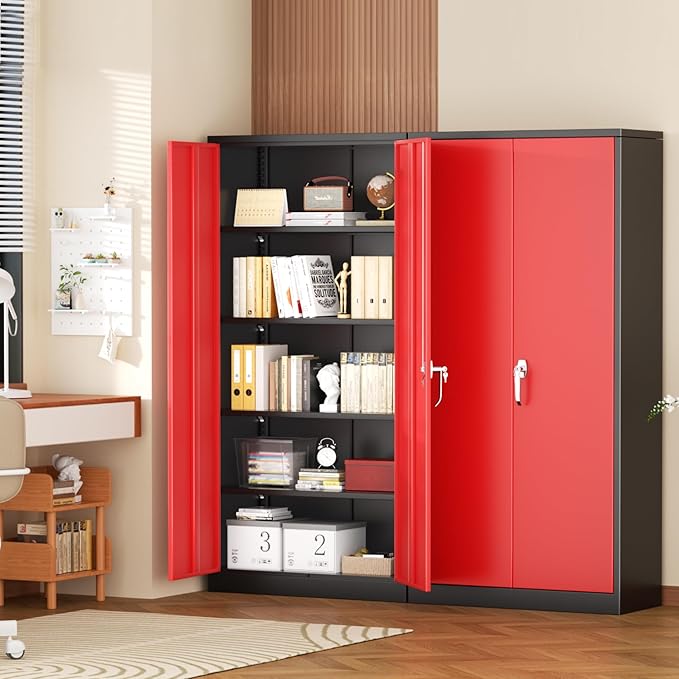 Superday Metal Storage Cabinet with Lock, 72" H Garage Storage Cabinet with Doors and 4 Adjustable Shelves,Black Red Steel Locking Cabinets for Office, Home, Garage, Gym, School