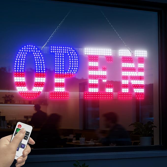 40" x 14" American Flag LED OPEN Sign with Remote Control, Dimmable Brightness, Flash Modes & Speed, Easy Hang Plug-in Storefront Window Sign for Shop, Bar, Salon
