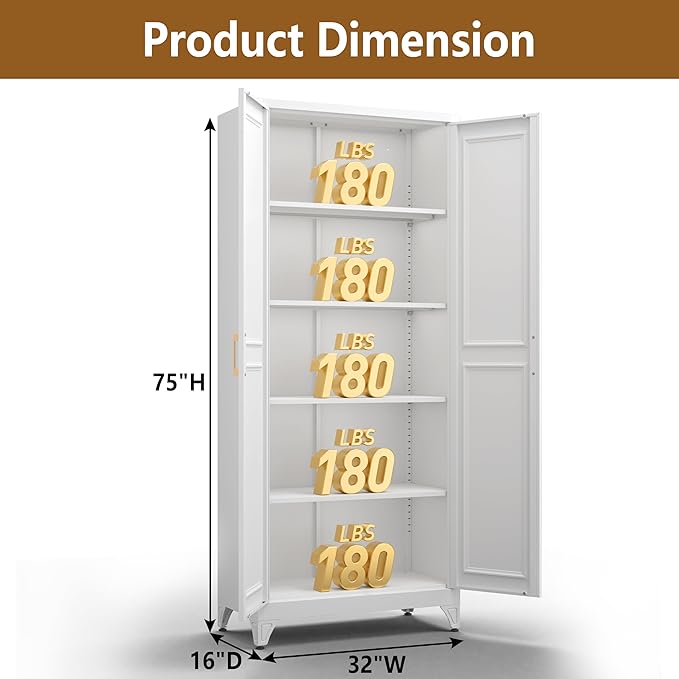 Kitchen Pantry Cabinet, 75" H Metal Storage Cabinet with Doors and Shelves, 4 Standing Feet, Cupboard for Kitchen, Dining, Living Room, 16" D x 32" W x 75" H, White, Assembly Required