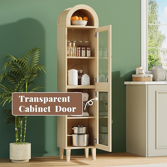 71” Tall Arched Pantry Cabinet with Glass Door, Display Cabinet Organizer, Versatile Pantry with Top-Opening Storage Container for Living, Kitchen Dining Room, Natural