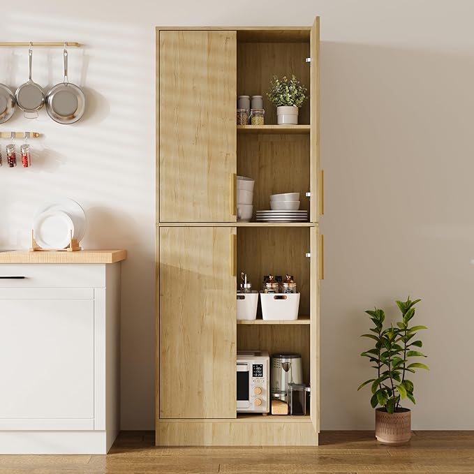 71" Tall Pantry Cabinet with 4 Doors, Kitchen Pantry Storage Cabinet, Freestanding Larder Cupboard, Utility Kitchen Hutch with Gold Handles for Dining Room, Bathroom, Natural