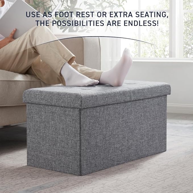 Ornavo Home Foldable Tufted Linen Large Storage Ottoman Bench Foot Rest Stool/Seat - 15" x 30" x 15" (Grey)