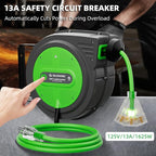 80FT Retractable Extension Cord Reel, 14 AWG/3C SJTOW Heavy Duty Power Cord with Lighted Triple Outlet, 13A Circuit Breaker, 180° Swivel Wall/Ceiling Mount Retractable Cord Reel, ETL Listed, Green