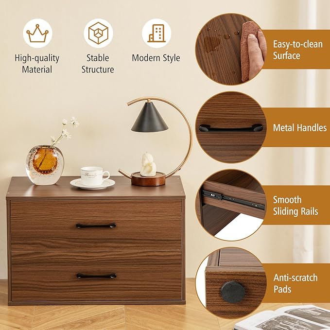 POWERSTONE 2 Drawers Storage Cabinets, Wooden Dresser Organizer, Under Desk Storage for Living Room, Bedroom, Home Office, Walnut