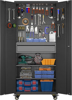 Aobabo Garage Storage Cabinet with Wheels, Metal Tool Storage Cabinet with 1 Drawer for Home,Assembly Required,Black