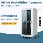Mobile Office Pod Booth, Solo Soundproof Pod Acoustic Panels, Sound Pod Silent Ventilation, Wheels and Feet, Built-in Table, LED Lighting System, USB Ports White/Smoked Glass