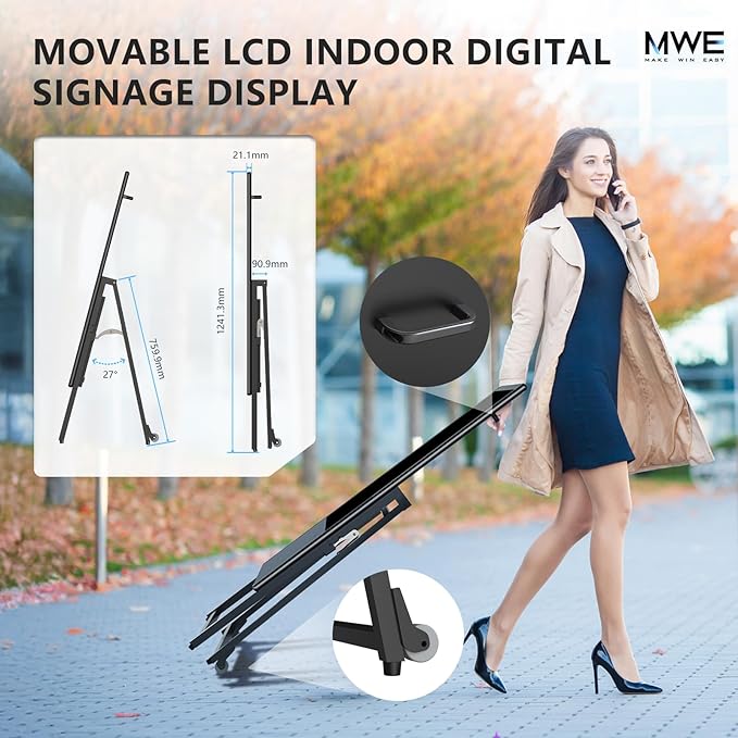JIYANG 32 Inch Indoor Digital Signage Display,Floor Standing Advertising Digital Kiosk with Wheels,Portable LCD Poster Totem Support HDMI Input,Split Screen,Timed Open/Off,Android System
