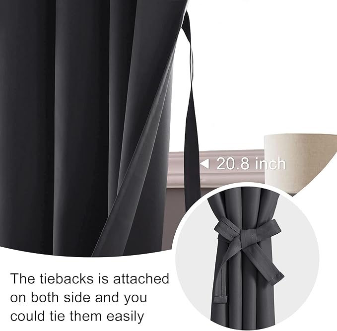 JIUZHEN Short Blackout Curtains for Small Window - Cafe Room Darkening Privacy Thermal Insulated Half Window Curtains Tiers for Bathroom,Kitchen, W 42 x L 36, Set of 2 Panels with Tiebacks, Dark Grey
