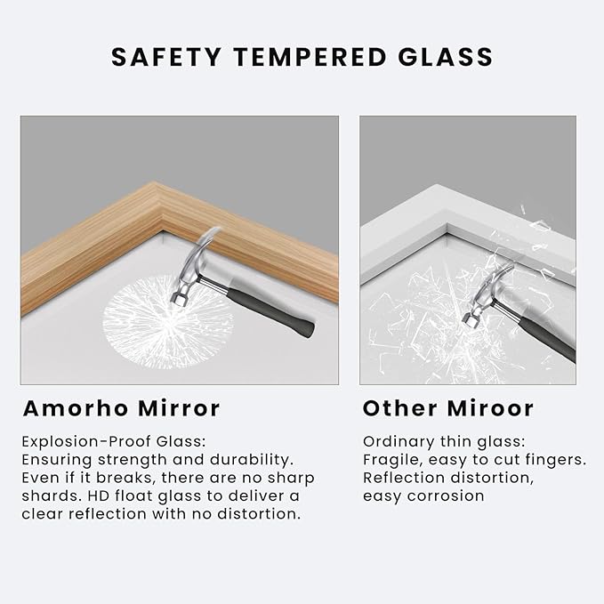Amorho Bathroom Mirror for Wall, 20X30 Inch Oak Wood Grain Metal Framed Mirror, Anti-Rust, Hang Horizontally/Vertically, Suitable for Bedroom, Farmhouse, Bathroom, Decorative