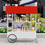 Portable Food Cart with Striped Canopy, Mobile Vendor Display Stand with Lockable Wheels, Iron Outdoor Cart for Market, Street Food or Events(White,55.1in)