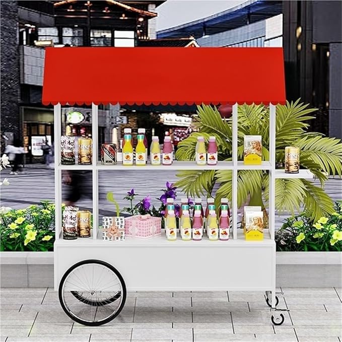 Portable Food Cart with Striped Canopy, Mobile Vendor Display Stand with Lockable Wheels, Iron Outdoor Cart for Market, Street Food or Events(White,47.2in)