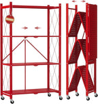 DEANIC 4 Tier Foldable Storage Shelves with Wheels, Large Capacity Shelving Unit, Freestanding Metal Wire Shelf Rack, No Assembly Organizer Rack for Garage Kitchen, Basement(Red)