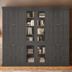 70.8" Tall Farmhouse Bookshelf, Modular Bookcase with Glass Doors, 6-Tier Adjustable Shelves, Large Storage Cabinet for Kitchen, Living Room, Black, Set of 3
