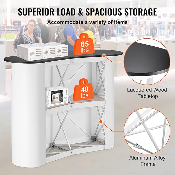VEVOR Portable Tradeshow Podium Table, 51.18" x 18.31" x 37.4", Display Exhibition Counter Stand Booth Fair with Wall, Foldable Promotion Retail Bar Table Pop Up Podium with Storage Rack, Carrying Bag