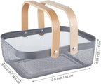 Metal Mesh Steel Basket, Storage Organizer Basket Garden Harvest Basket Multi-functional Kitchen Fruit Baskets Bin with Wooden Handle for Bathroom Picnic Shopping Decor Cabinet Home, Grey