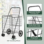 Goplus Jumbo Folding Shopping Cart with Rolling Swivel Wheels, Foldable Grocery Cart on Wheels with Double Basket, Heavy Duty Utility Cart, Shopping Carts for Groceries Laundry Book Luggage Travel