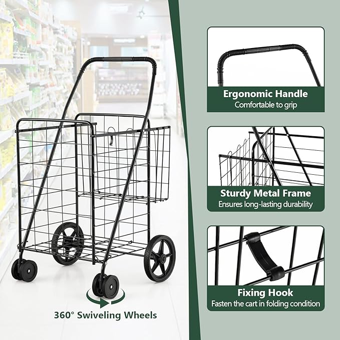HOMGX Flat Folding Shopping Cart, 130 LBS Heavy Duty Utility Cart W/ 360° Swivel Front Wheels, 24" x 23" x 40" Foldable Grocery Cart for Laundry, Shopping, Groceries