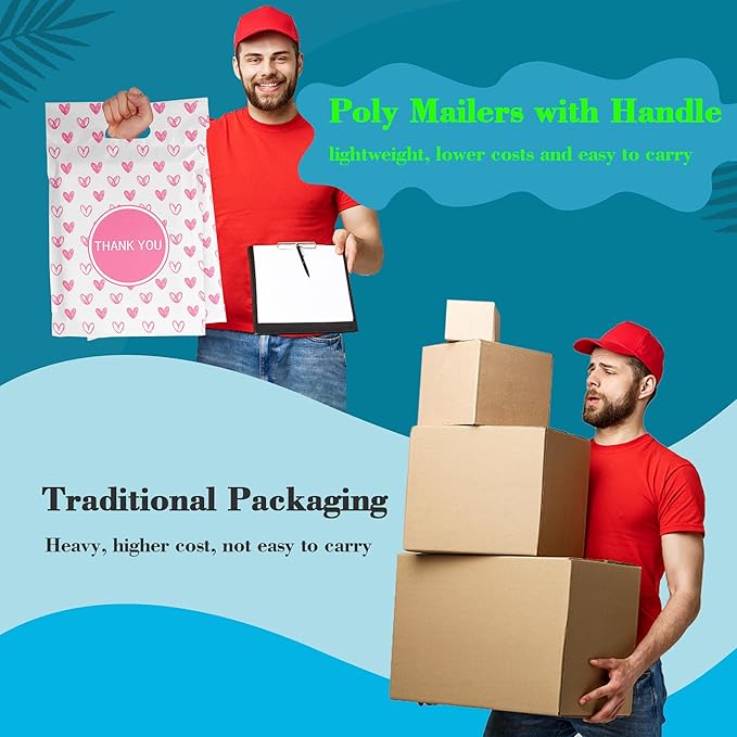 JinRuiKJ Poly Mailers with Handle 10x13 Inch 100 Pcs, Easy to Carry Packaging Bags for Small Business, Thank You Shipping Bags with Self Adhesive Strip, Tearproof and Waterproof - Pink heart