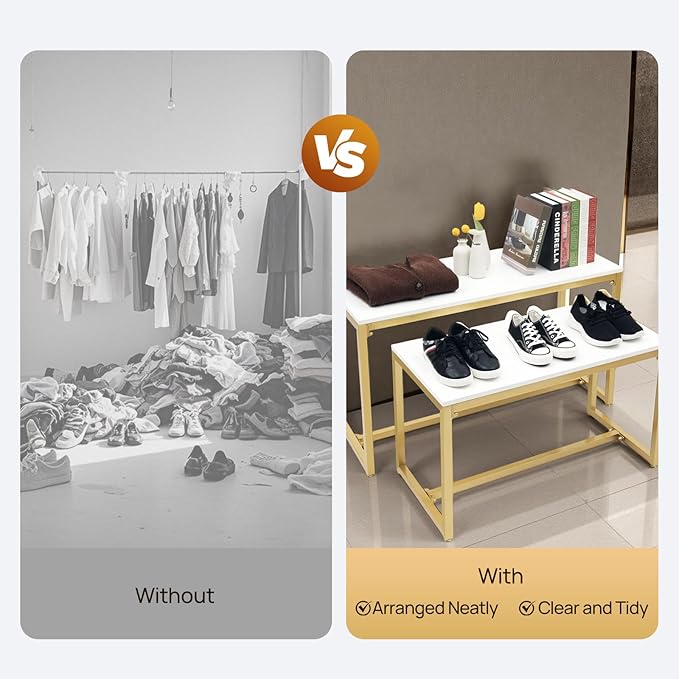 2-Piece Set Metal Shoe Handbag Display Stand, Gold and White Display Stand with 110lbs Load Capacity, Modern Board Storage Rack for Shoes, Handbags, Retail Store, Home Decor