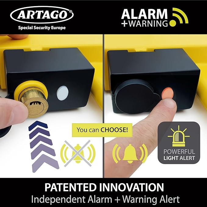 ARTAGO ART872 High-End Wheel Clamp Lock, 2in1 Without/with 120dB Alarm +Night LED Alert, Patented, Heavy-Duty Trailer Wheel Lock, High Security Car Boot, Universal Tire Clamp Anti-Theft for Golf Cart