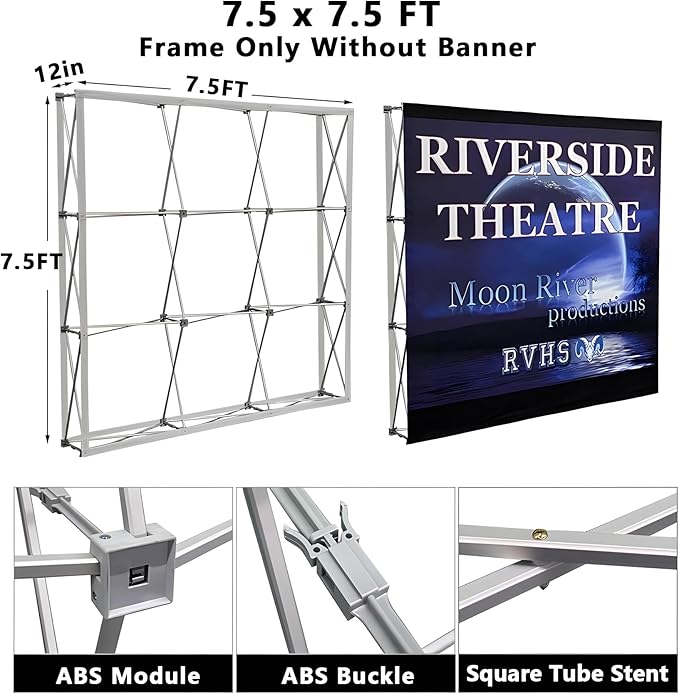 Portable Collapsible Pop Up Trade Show Display Backdrop Stand, A Folding Tension Fabric Holder For Tradeshow Booth Exhibition Wedding Conference Party Event 7.5x7.5FT(Frame Only)