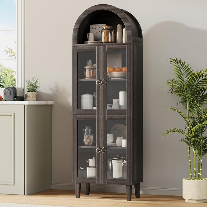 71” Tall Arched Pantry Cabinet with Glass Door, Display Cabinet Organizer, Versatile Pantry with Top-Opening Storage Container for Living, Kitchen Dining Room, Black