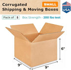 Small Moving & Shipping Boxes 9 x 9 x 6 inches (5-Pack) - Extra Strength 200 lb vs Regular - Corrugated Packing Boxes for Delivery - Cardboard Moving Box - Moving Supplies Box by IDL Packaging