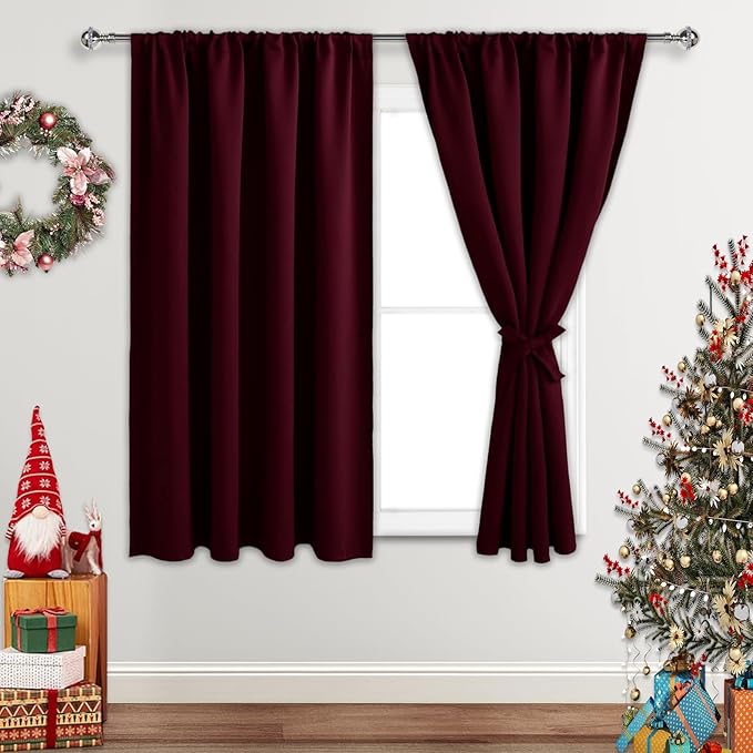JIUZHEN Christmas Blackout Curtains for Bedroom - Thermal Insulated Room Darkening Noise Reducing, 52 x 45 Inch Length Curtains for Living Room, Set of 2 Panels with Tiebacks, Burgundy