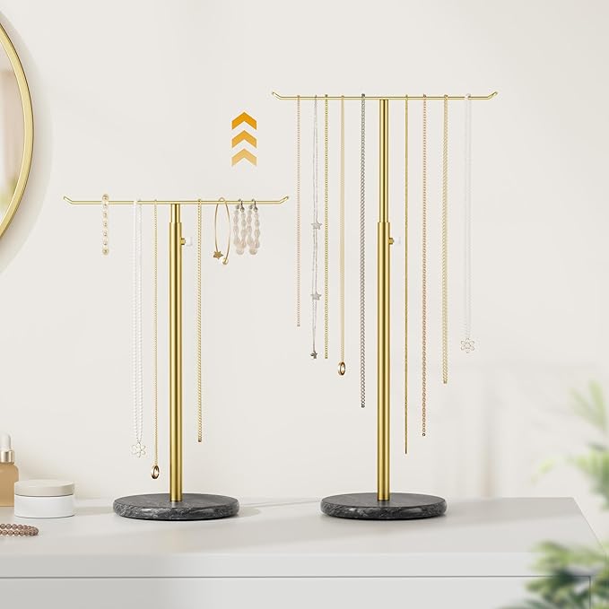 Gold Necklace Holder Jewelry Organizer Stand – Adjustable Height T‑Bar Jewelry Display with Dark Gray Marble Base, Necklace & Bracelet Holder, Countertop Jewelry Stand