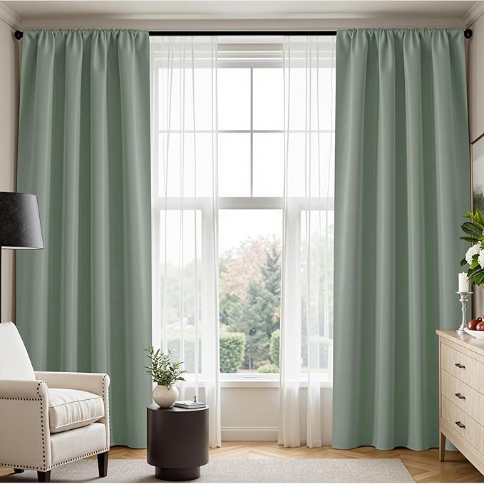 PONY DANCE Blackout Curtains for Bedroom 90 inches Long 2 Panels Set, Thermal Insulated Rod Pocket Black Out Window Drapes, Noise Reducing Window Treatment for Living Room(W52 x L90 inch, Sage Green)