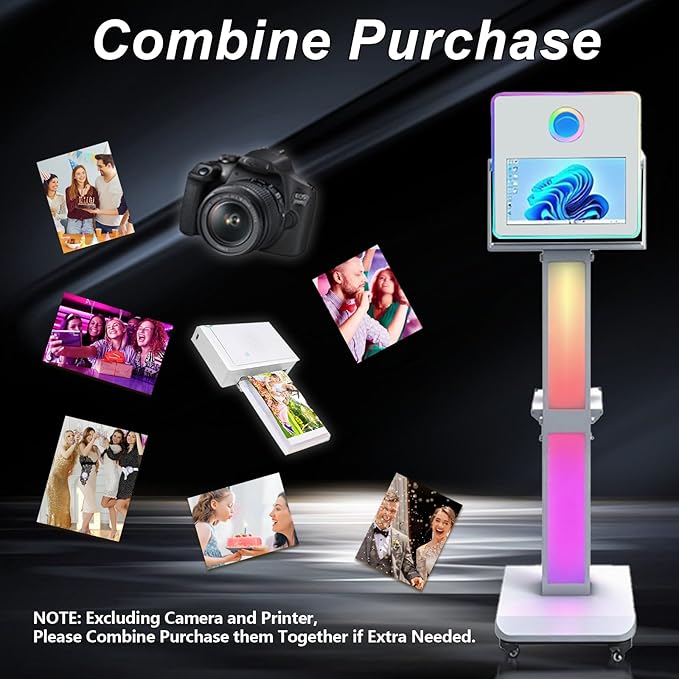 Photo Booth Machine 15.6 inch Selfie Portable Touch Screen Photobooth with RGB Light,Mirror Photo Booth with Flight Case for Wedding Party Events (Machine+Camera+Mini Printer)