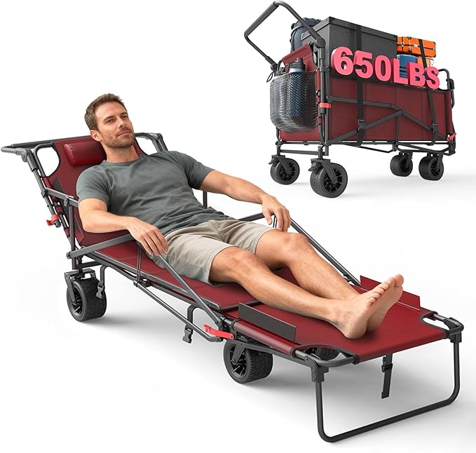 LEVELEVE Heavy Duty Folding Wagon - 2-in-1 Collapsible Cart, 650lb Capacity, All-Terrain Wheels w/Brakes & Side Pockets
