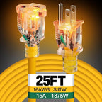 Lighted End Heavy Duty Outdoor Extension Cord Waterproof -16AWG, 3 Prong, 15A, 1875W, Flexible Yellow Power Extension Cord for Outsides, 25ft