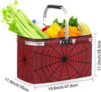Collapsible Picnic Basket with Handle, Halloween Storage Box Aluminum Frame, Shopping Grocery Market Baskets Tote for Women,Harvest Farmers Baskets Camping Travel Portable Beach Bag (Red Spiders Web)