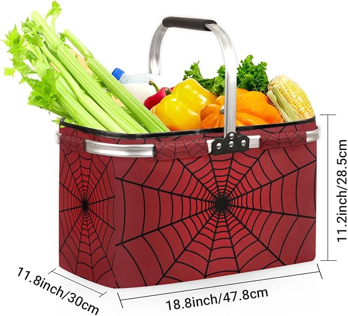 Collapsible Picnic Basket with Handle, Halloween Storage Box Aluminum Frame, Shopping Grocery Market Baskets Tote for Women,Harvest Farmers Baskets Camping Travel Portable Beach Bag (Red Spiders Web)