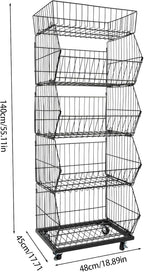 5 Tier Retail Display Rack, Rolling Storage Rack 5 Layers 18.9*17.72*55.12in Metal Display Shelf Fruit Vegetable Snack Basket Storage Supplies for Home Store Market (Black, 48*45*140cm)