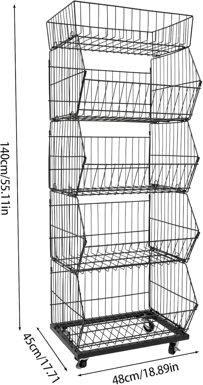 5 Tier Retail Display Rack, Rolling Storage Rack 5 Layers 18.9*17.72*55.12in Metal Display Shelf Fruit Vegetable Snack Basket Storage Supplies for Home Store Market (Black, 48*45*140cm)