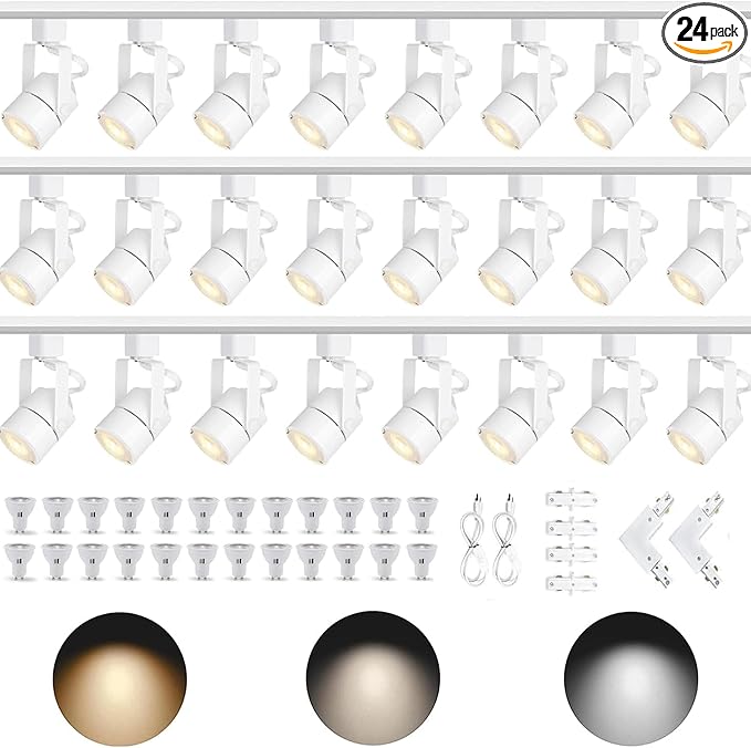 Dimmable LED GU10 Track Lighting Kit with Replaceable GU10 Bulbs, 24-Pack All-in-One Plug in 3CCT Ceiling Spotlights with 26FT Track Rails, Accent Lighting for Home, Store, Moblie Cart and Office