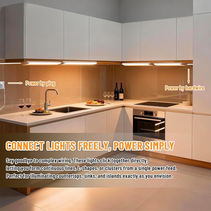 Plug in Under Cabinet Lights Hardwired, 18" 4 Pack Cabinet Light 12W 1000LM, 3CCT, 45° Rotatable Design, Linkable Up to 15 Units Under Counter Lights for Kitchen, Closets