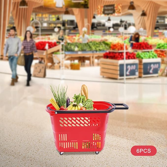 6PCS Plastic Shopping Baskets,35L/9.2Gal Trolley Rolling Shopping Cart Set with Wheels,Grocery Basket with Handles,Portable Utility Cart for Supermarket,Retail Store,Laundry,Fruit Stores (Red)