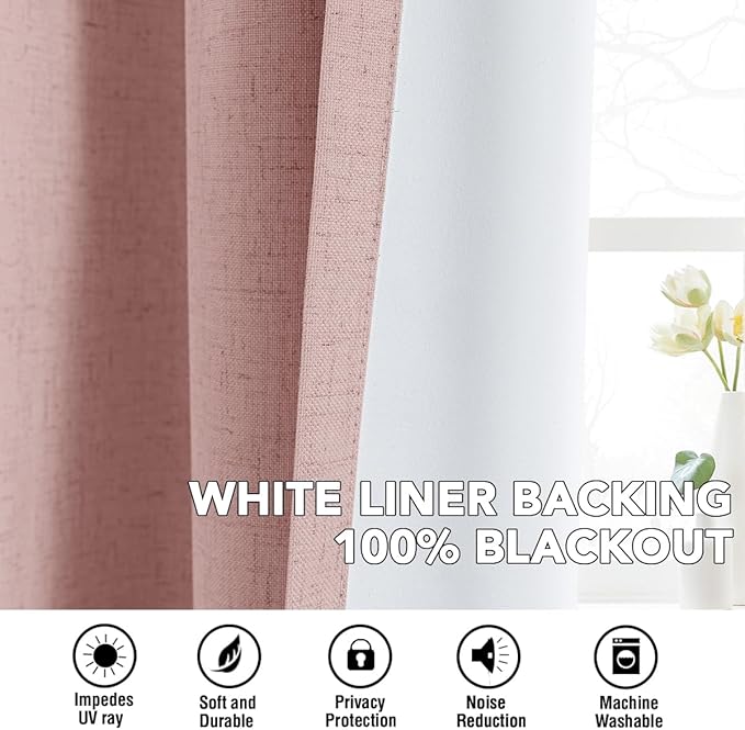 H.VERSAILTEX Linen Curtains 100% Blackout Curtains for Bedroom 54 inch Long Full Light Blocking Nature Linen Blended Window Curtains for Living Room Nickel Grommet (2 Panels, Heathered Baby Pink)