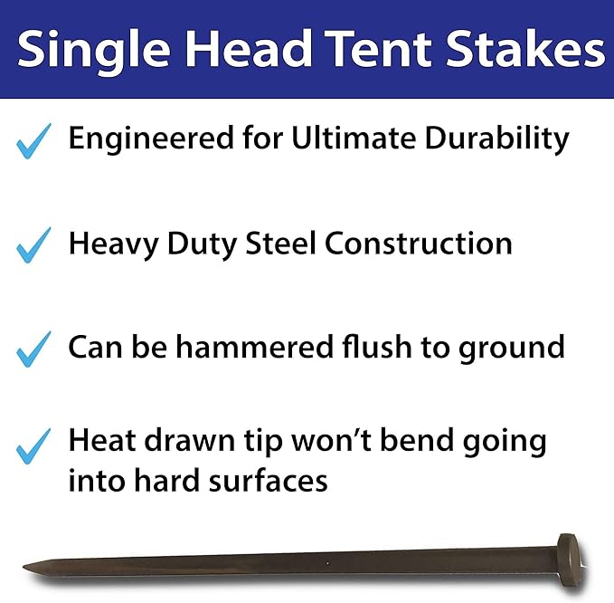 Single Head Metal Tent Stakes Heavy Duty Steel Ground Stake, Versatile Spikes to Anchor Commercial Inflatables, Event Party Tents, and Outdoor Camping Shelters, 1 x 36 Inch, 25 Pack