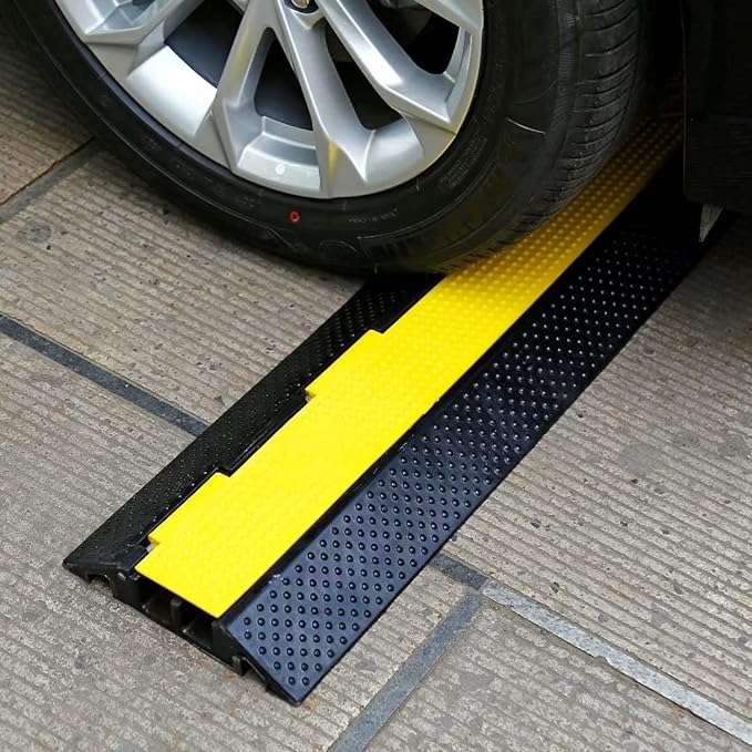 Rubber Cable Ramp Cord Cover Cable Protector Ramps Wire Hose Protective 2 Channel 22000Lbs Load Capacity Traffic Speed Bump for Asphalt Concrete Gravel Driveway Indoor Outdoor, 4 Pack