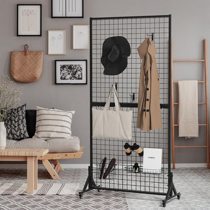 Kokorona 2-Pack 2.9' x 6' Grid Wall Panel Display Stand with 10 Grid Hooks, Wire Grid Wall Display Rack with Rubber Wheels, Floorstanding Art Display Panels for Art Craft Show, Retail Display Stand