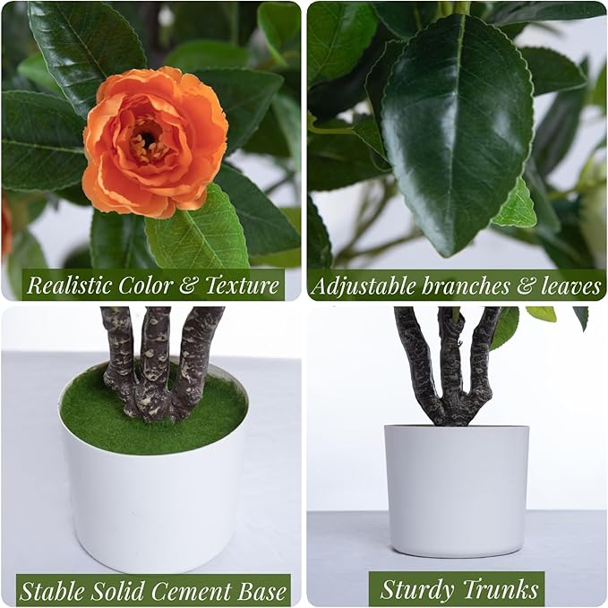 Artificial Camellia Tree 35in Faux Floral Plant with Orange Flowers and Green Leaves - No Maintenance Indoor Outdoor Office Home Porch Decor Housewarming Gift(2-Pack，Orange)