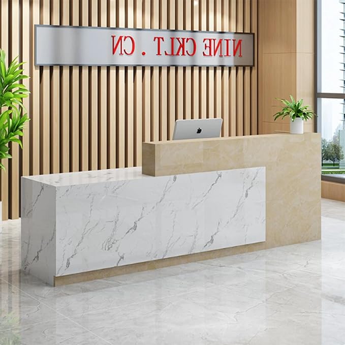 PLMOKN Wood Reception Desk Marble Stone with Checkout Retail Counter L Shaped Modern Mostrador para Negocio Office Desk Closed Front with Storage Drawers for Barber,Salon,Clothing Store