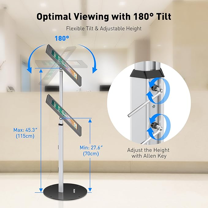 AboveTEK Anti-Theft iPad Floor Stand Kiosk, Height Adjustable Tablet Stand with Locking Enclosure, Heavy-Duty Floor Tablet Stand for 12.9–13" iPad Pro/Air & 12.4" Galaxy Tab S, Retail & POS Use